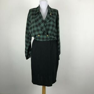 Vintage 1980s Dress Size M Green Black Plaid Long Sleeve Womens Career Work